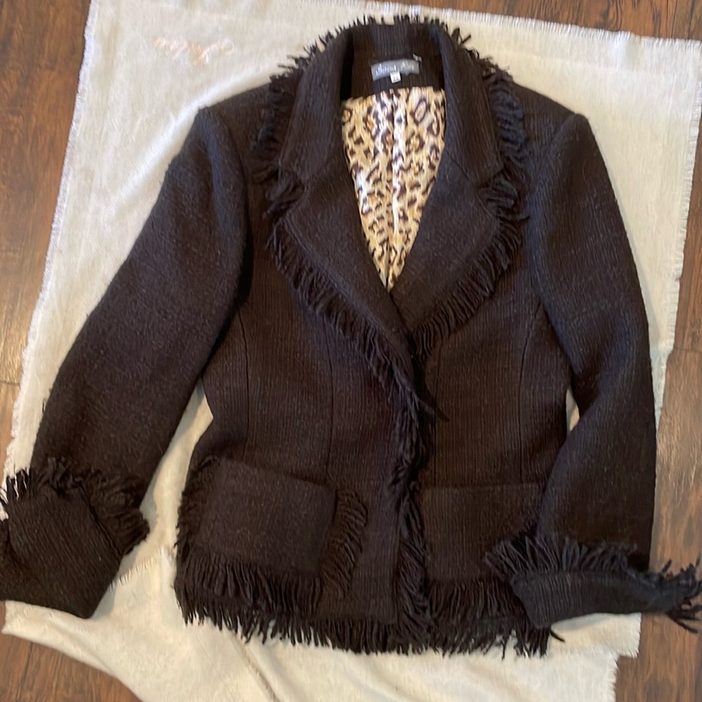 Serena Kay jacket. Chocolate brown with fringe trim. Cute leopard print inside.